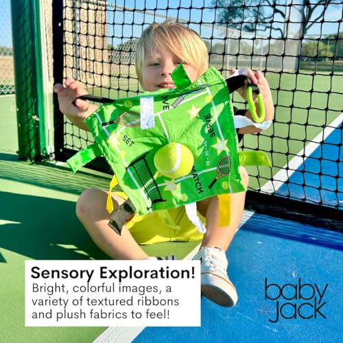 Image of Baby Jack & Co 10x10 inch Tennis Sports Lovey Sensory Plush Blanket - Tag Toys for Babies - Baby Stroller Toys - Learn Shapes, Letters & Colors - Perfect MVP Baby Toy & Baby Sports Gift w /Stroller Clip