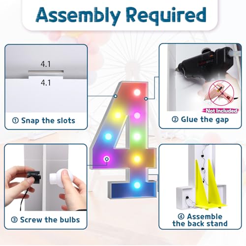Image of Imprsv Colorful 3FT Marquee Numbers 4, 18 Colors Large Light up Numbers | RGB with Remote, Birthday Party Decorations Anniversary Wedding Decorations Assembly Required 22 Pcs Accessory Set