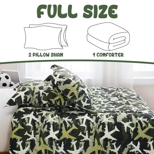 Image of Yibeizi Airplane Comforter Set Boys Full Green Camouflage Bedding