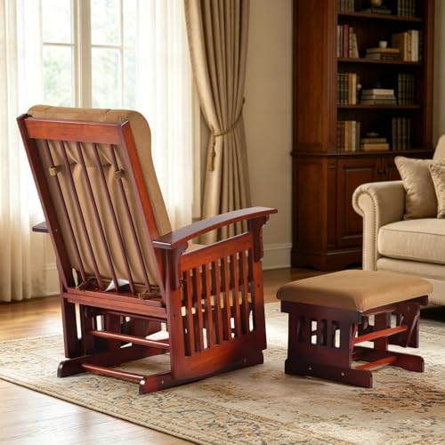 Image of Solid Wood Glider Rocking Chair & Ottoman Set, Perfect for Nursery & Nursing, Padded Cushion with Smooth Rocking Motion, Rustic Finish for Living Room Napping and Reading,Dark Brownish
