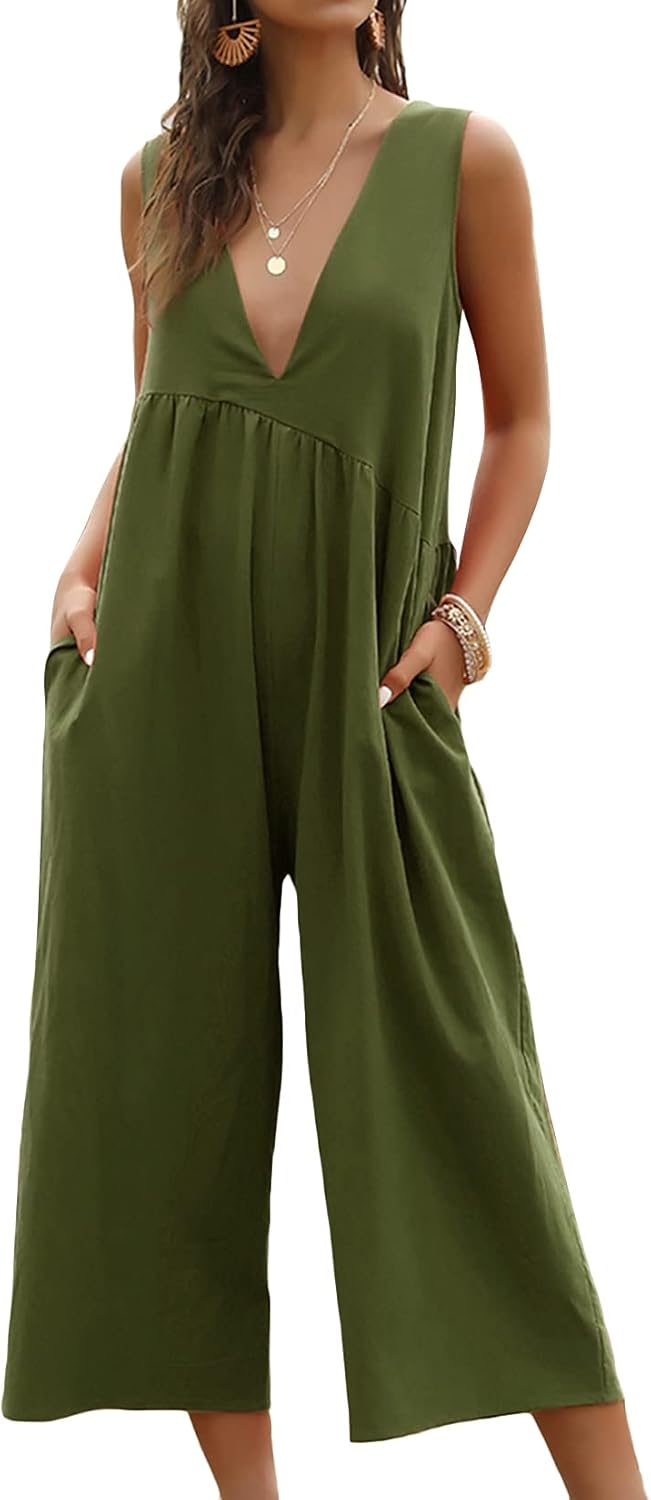 Lu's Chic Women's Dressy Jumpsuit V Neck Romper Jump Suits Sleeveless Jumpers Summer Casual Capri Palazzo Wide Leg Beach Plain Flowy Tank Cropped Pants Pleated with Pockets Olive Small