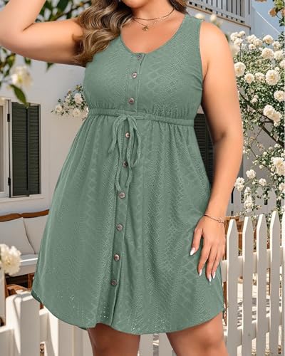 Image of Talisea Plus Size Summer Dresses - Casual Beach Eyelet Sleeveless Tank V Neck Button Down Swing Short Sundress Pockets Women