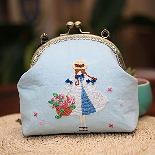 Image of Gogobear Easy Embroidery DIY Bags Purse Wallet Cross Stitch Kit | with All Supplies, Needlework Sewing Craft, Friend Gifts, Retro Vintage Style, Detachable Chain Strap