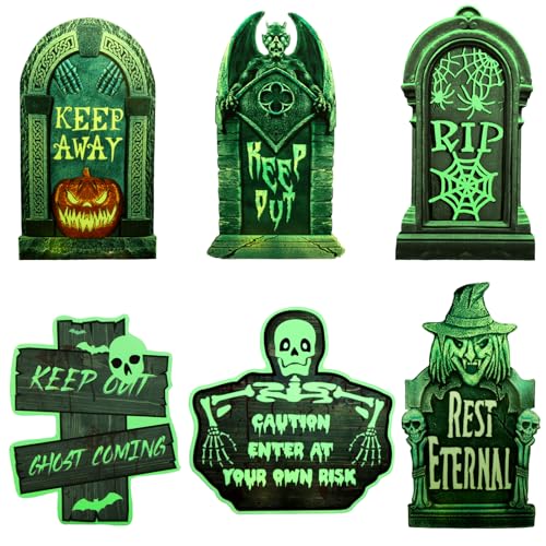 Aitsite 6PCS Halloween Tombstone Decorations, Green Plastic Gravestones with Fluorescent Design, Classic Halloween Elements, Durable Materials, Gothic Style, Outdoor Use, All Seasons