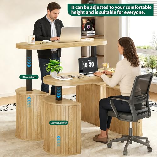 Image of Mid Century Modern Electric Standing Desk with Storage, 55 x 22 Inch Small Sit Stand Up Desk, Wood Adjustable Height Computer Executive Desk for Home Office, Laptop, Oak