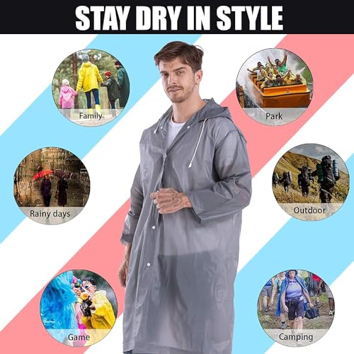 Image of OUTO Raincoat for Women Waterproof, EVA Raincoat for Men with Hood, Lightweight Reusable Rain Poncho, Full Sleeves Outdoor Rain Wear for Camping, Hiking & Travelling (Free Size,1 Pc Grey)