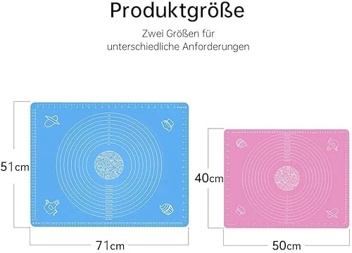 Foto von LandJoy Backmatten Silikon,2 Pcs Groß Antihafte Rutschfeste Backunterlage,Arbeitsmatte mit Messung,Teigmatte für Fondant Gebäck Matte mit Teigschaber,Teigkarte und Backpinsel（Blau 70*50,Rosa 50*40)