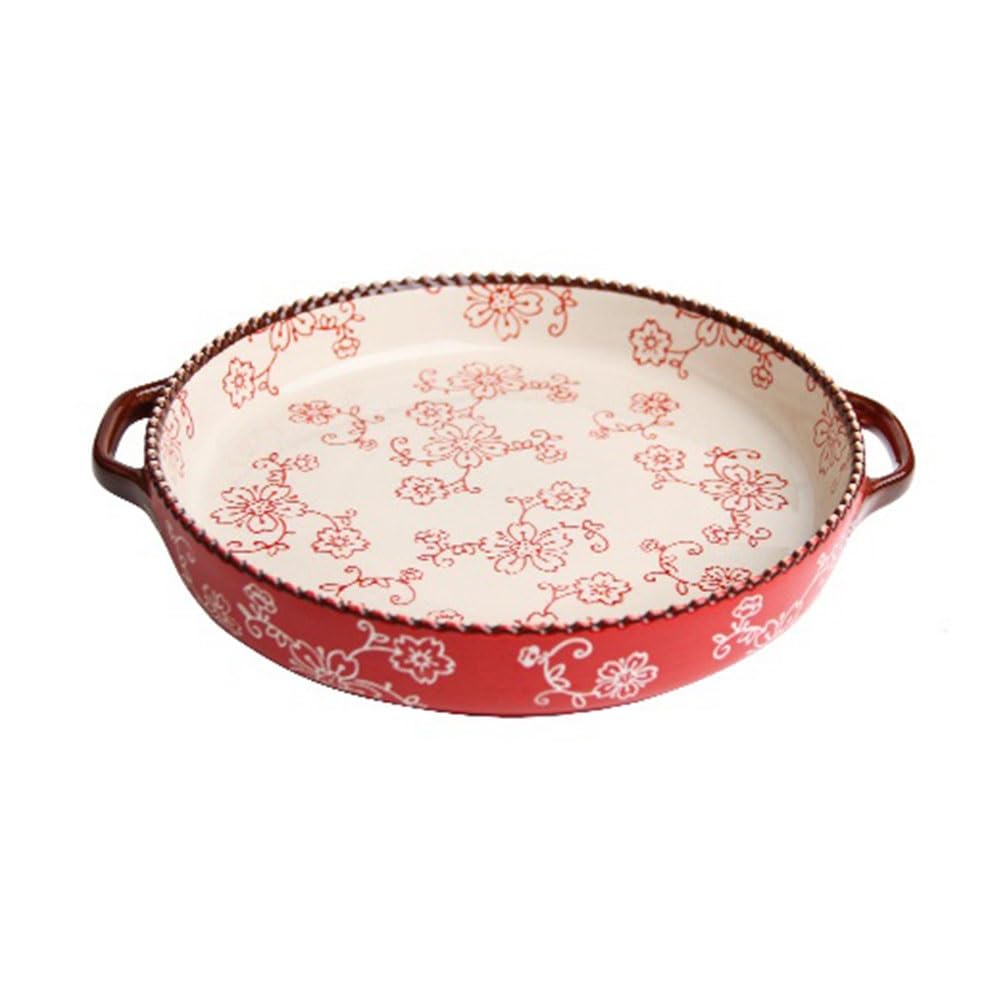 Ceramiczne naczynie do pieczenia Okrągła forma do pieczenia z podwójnym uchwytem, ​​ręcznie malowana, ozdobnym brzegiem w kształcie kwiatów wiśni, deserów i pizzy(Red,Mały)