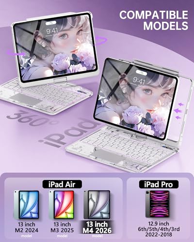 Image of Intermerge Transparent Case with Keyboard for iPad Air 13 inch(M4 / M3 / M2, 2026 /2025 / 2024) & Pro 12.9 inch (2022-2018) - 360 Swivel Multi-Touch Trackpad, 7-Color Backlit, Pencil Holder, Frost Pulse