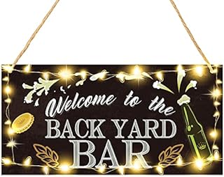 Bar Wooden Hanging Sign Back Yard Bar Sign Funny Garden Bar Plaque Novelty Welcome Hanging Sign Pub Club Display Plaque and LED Light Fairy String for Home Bar Restaurant Billiard House Hotel