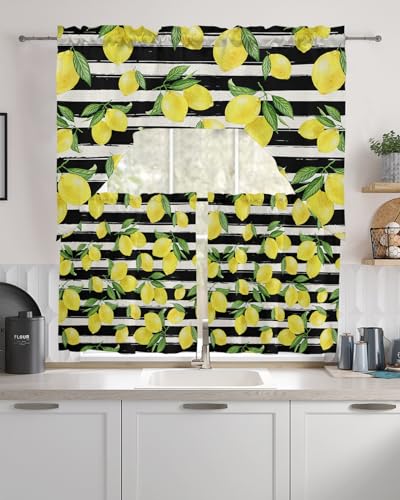 Rustic Black and White Stripes Swag Kitchen Curtain Sets with Valance,3 Pieces Rod Pocket Curtain Drapes for Bedroom Cafe Windows,Summer Lemon Yellow Green Leaves 56''x36''&24''x27.5''x2Panels