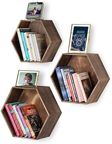 Rustic State Brooks Wall Mount Hexagon Honeycomb Box Geometric Floating Shelf Display Hanging Bookshelf Decorative Picture Ledge with Wood Back - Distressed Walnut - Multi Sizes - Set of 3