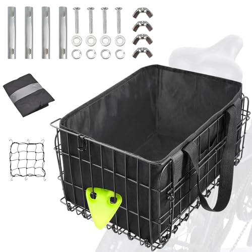 Fahrradkorb hinten abnehmbar, Gepäckträger-Korb faltbar, Fahrrad Korb Schulranzen hinten E-Bike groß, Bike-Basket mit Gepäcknetz, Regenschutz, Innenfutter & Reflektoren, Hundekorb Fahrrad, Schwarz