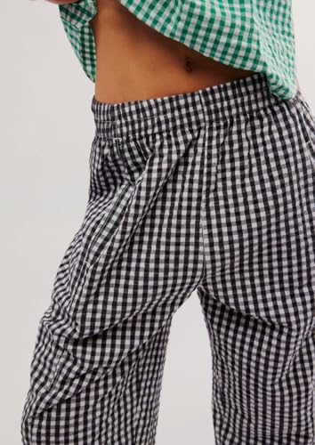 Women's Striped Gingham Pants Wide Leg Capri Pants Mid Rise Cotton Plaid Lounge Trousers with Pockets2