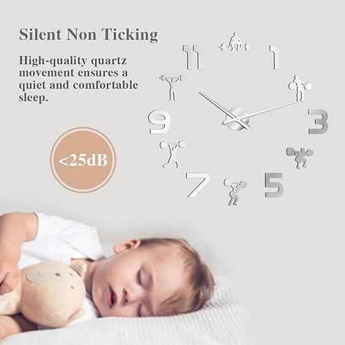 Miniatura 4 de The Geeky Days Reloj, decoración de pared de gimnasio, reloj de cuarzo silencioso sin marco grande 3D, 27.6-47.2 in, plateado