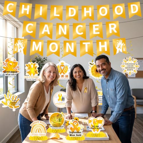 Image of Gameza Childhood Cancer Awareness Decorations - 14PCS Childhood Cancer Awareness Month Party Banner Hanging Swirls Honeycomb Centerpieces Decor, Gold Ribbon Charity Public Social Event Party Supplies