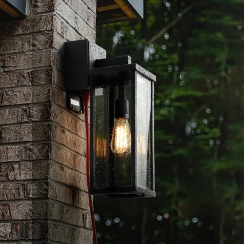 Image of mirrea 18 inch Classic Outdoor Wall Sconce with Built-in GFCI Outlet 1 Light in Matte Black Rectangular Metal Frame and Clear Glass Shade Waterproof Porch Light Patio Light