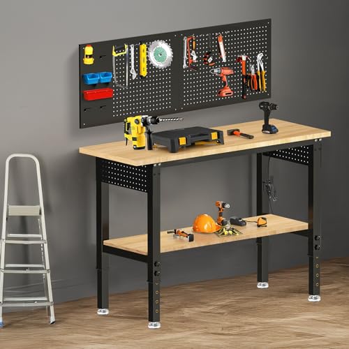 Image of 48x24 Adjustable Height Work Bench Heavy Duty Workbench for Garage with Under Table Shelf Rubber Wood Work Table with Pegboard for Shop Woodworking, Office, Home, Commercial