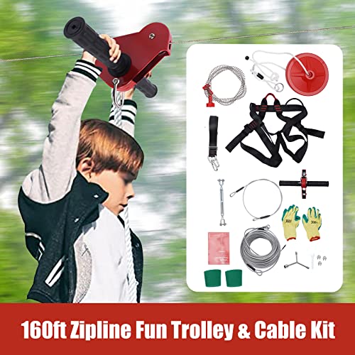 160FT Zip Line Kit for Kids and Adult Up to 330Lbs Zipline for Backyard with Rustproof Stainless Steel Spring Brake Safety Seat