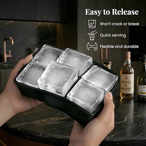 Image of KitchFort Large Silicone Ice Cube Tray (2-Pack), Easy Release 2 inch Big Ice Cubes - Cocktail, Whiskey Ice Cubes Mold - Ice Trays for Freezer with Lid - Stackable Silicone Ice Tray - Black