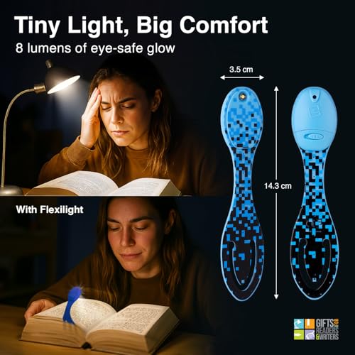 Image of Gifts for Readers & Writers Book Light, Clip On Reading Light for Bed, 2in1 Flexilight & Bookmark, Small & Lightweight with a Soft Glow, 2 Batteries Included, Blue Digital
