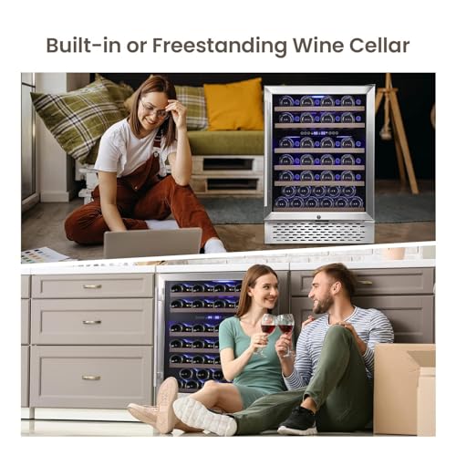 Garvee Superior Wine Refrigerator - 51 Bottle Capacity Dual Zone Cooler, Dual Zone 24" Wine Cooler,Quiet Compressor, Seamless Stainless Steel Design, Temperature Memory.