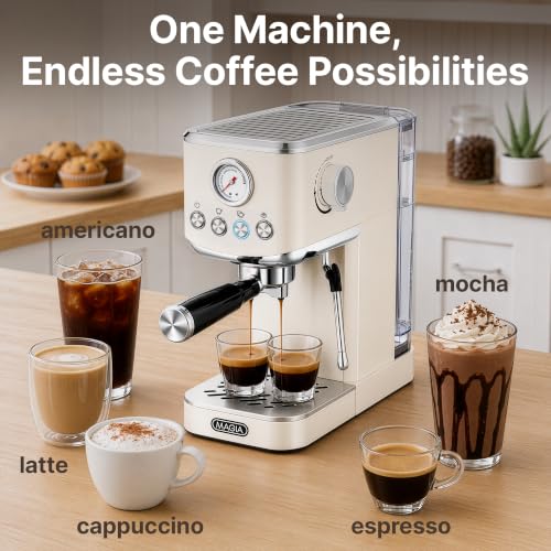 Image of Zulay Kitchen Magia Compact Espresso Machine - 20 Bar Coffee Maker with Milk Frother Steam Wand, Latte & Cappuccino Maker, 1350W Fast Heating, 40oz Removable Water Tank, Stainless Steel - Cream