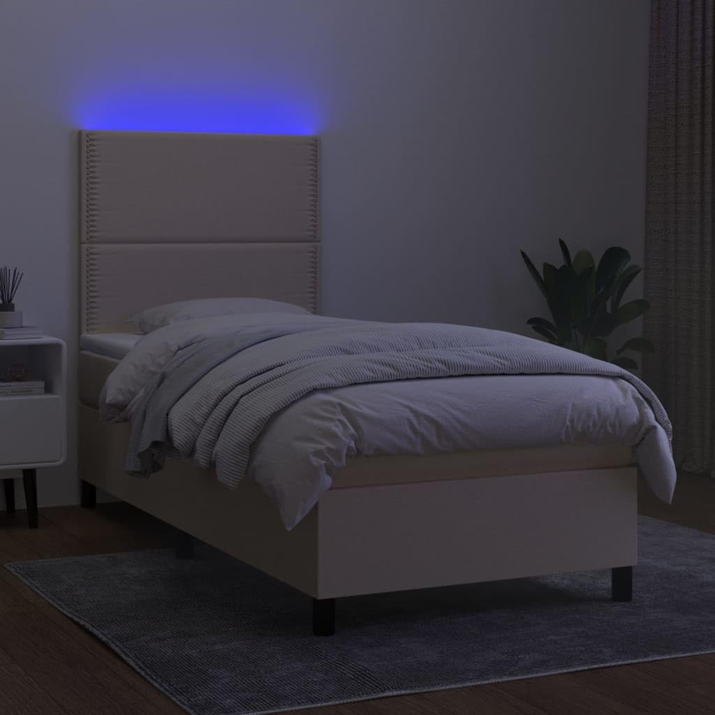 tkanina z regulowanym zagłówkiem i diodami LED kremowy 90x200 cm | Łóżko kontynentalne 90x200 z materacem sprężynowym kremowe z LED regulowanym zagłówkiem tkanina