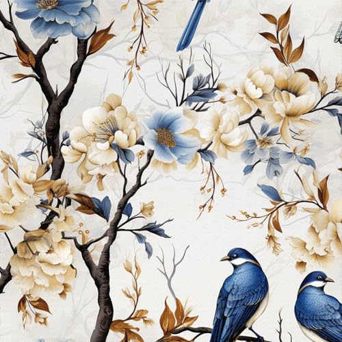 ICYEHAO Papel Pintado Pared Pajaros y Flores, 44 x 300cm, Autoadhesivo, PVC, Azul Beige Blanco, Floral, Hojas, Arbol Negro, para Muebles, Baño, Dormitorio, Salón
