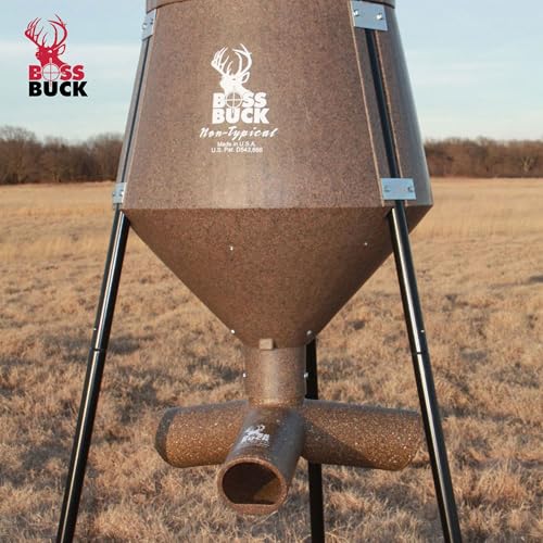 BOSS BUCK 200 LB Deer Feeder/Hunting Durable Lightweight Plastic UV Protected Windproof Waterproof Gravity Feed System with Protein 3 Feed Tubes Head