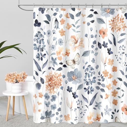 Blue Floral Shower Curtain 60x72, Colorful Wildflower Plant Leaf Decor
