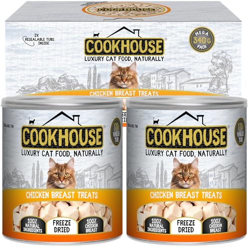 COOKHOUSE 100% Chicken Breast Freeze Dried Luxury Cat Treats - 340g Mega Pack (2 x 170g Resealable Tubs) - 100% Natural - Grain Free - High Protein - Low Fat
