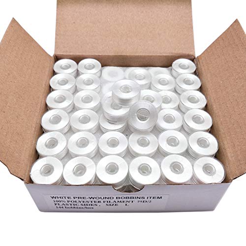 Image of YEQIN Prewound Bobbin Thread, Plastic Side, 144pcs Type L Size (SA155) White 75D /2 Polyester Thread, Compatible with Babylock, Barudan, Bernina, Brother, Consew, Singer, Tajima and More