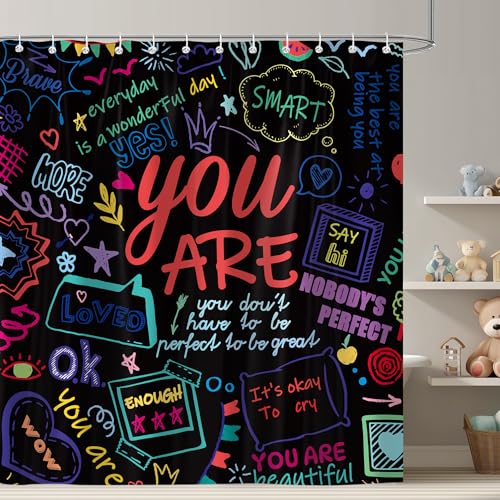 Image of iTapnoom Funny Kids Inspirational Quotes Shower Curtain, Colorful Positive Words Black Graffiti Artwork Unisex Bathroom Decor Set, Waterproof Polyester Fabric Bath Curtain with Hooks 72x72 Inch