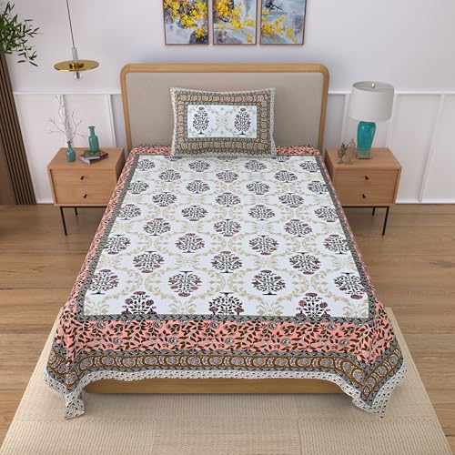 Image of 100% Cotton Single Bedsheet with 1 Pillow Cover | 240 TC Pure Cotton Flat Bed Sheet | Traditional Jaipuri Printed Bedding Set | Soft & Breathable | 60 x 90 Inch (Rangmahal Single 43)