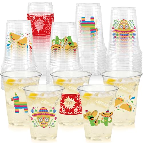 CUPLOOV 50Pcs Fiesta Cups 12 Oz Plastic Disposable Clear Mexican Cups with 5 Pattern Designs for Cinco De Mayo Drinkware Party Supplies Taco Birthday Party Decorations