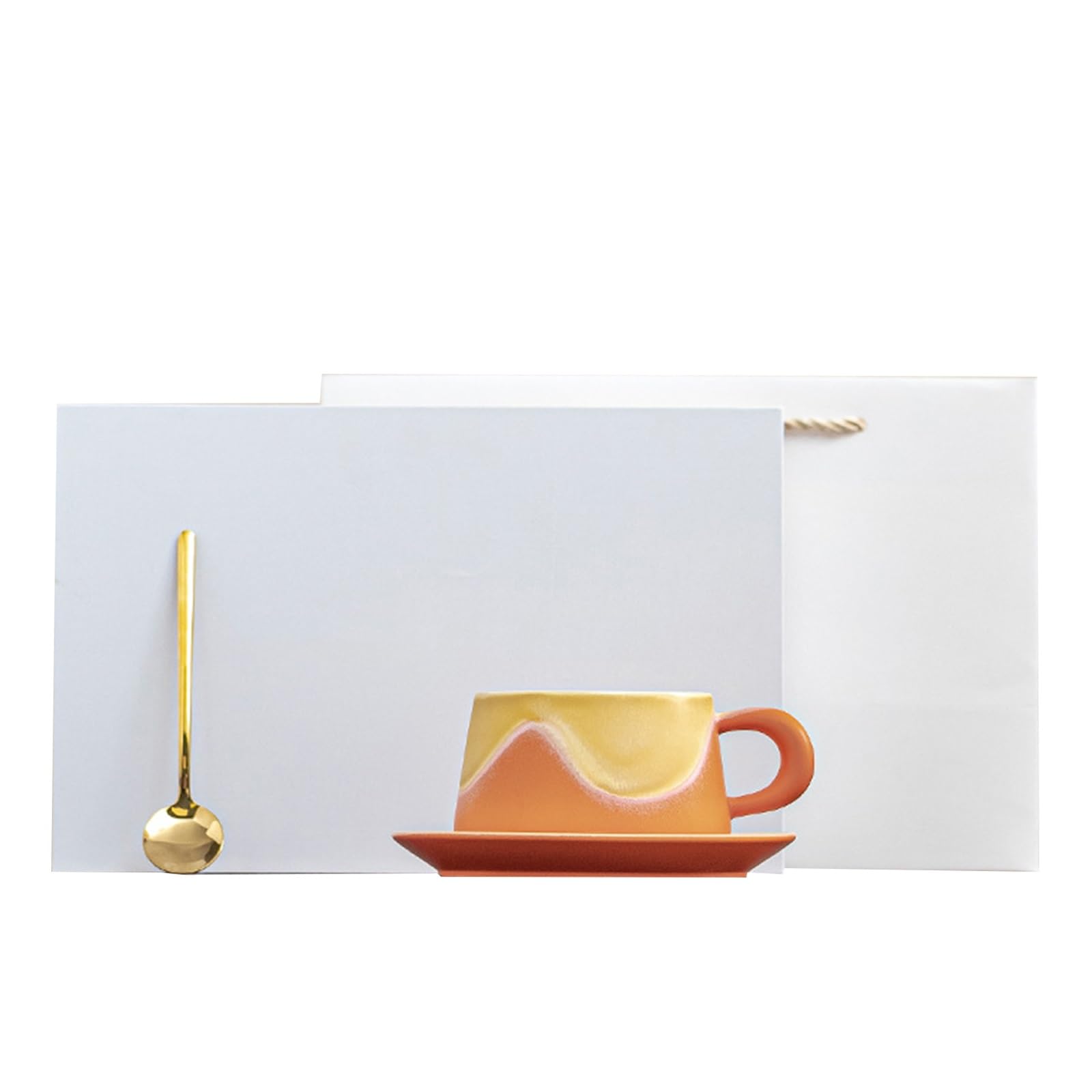 Ceramiczny kubek do espresso i spodek, z pasującym spodkiem i złotą łyżką, ceramiczny kubek na wodę, kubek do herbaty 237 ml (pomarańczowy)