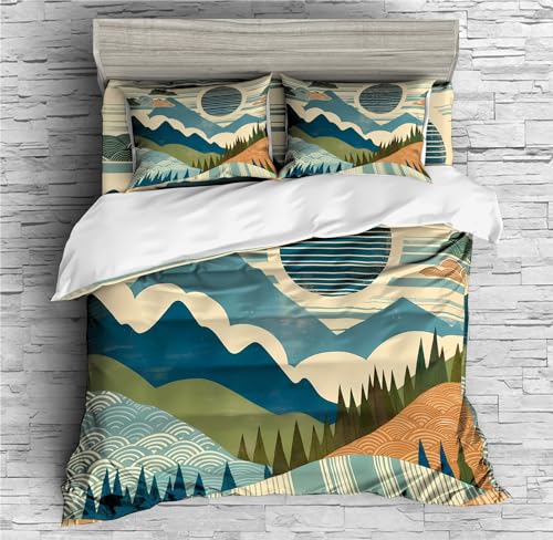 REALIN Mountain Forest Natural Scenery Duvet Cover Set Mountain Sunset Bedding Girl Boy Kids Bed Sets 2/3/4PCS Quilt Covers/Sheets/Pillow Shams,Twin/Full/Queen/King (C,Full-200x229cm-4PCS)