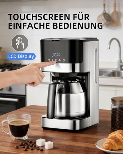Edelstahl Kaffeemaschine mit timer, 24H programmierbar, LED Display, Warmhalteplatte, Abschaltautomatik, Tropfstopp, 900W, Filterkaffeemaschine mit Thermokaraffe, 10 Tassen, 1 Liter – Bild 5