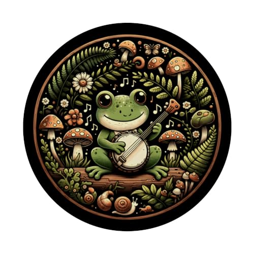 Cottagecore Frog With Banjo And Mushroom PopSockets Swappable PopGrip, Black - Image 3