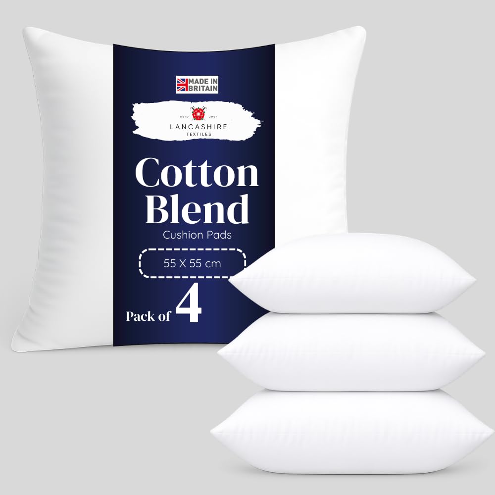 Lancashire Textiles 4 Pack Luxury 22" x 22" (55 x 55cm) Cotton Blend Cushion Pads with Super Bounce Polyester Fibre, Made of Finest British Materials