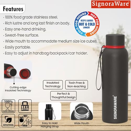 Image of SignoraWare Parkour Vacuum ISI Certified Stainless Steel Bottle With Hanging Strip | Airtight & Leakproof | Easy To Clean | Lightweight | Ideal for School, Office, Gym Or Outdoors (700ml | Black)