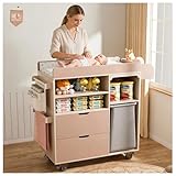 MFXLGO 100% Solid Wood Baby Changing Table Dresser with Drawers, Nursery Diaper Changing Station with Changing Pad & Built-In Trash Bag Storage, Rolling Space-Saving Design for Newborn & Toddler, Pink