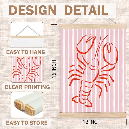 Image of PQKIY Trendy Red Lobster Coastal Wall Art Poster Hanger Frame 12x16 in, Summer Nautical Beach Seafood Pink Striped Wall Decor Canvas Prints for Home Kitchen Dining Room