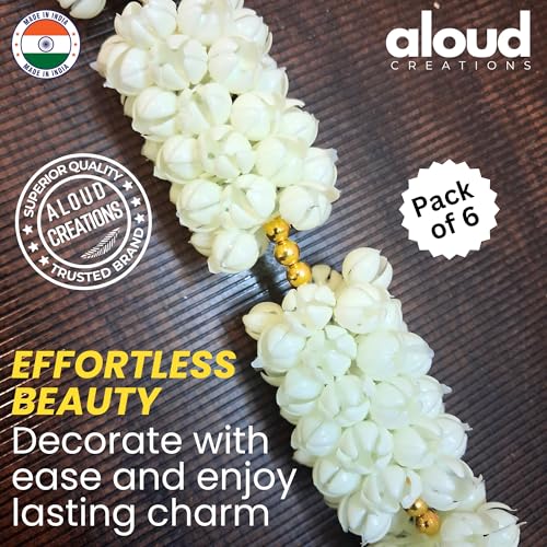 Image of ALOUD CREATIONS 6Pc Decorative Artificial Mogra (Jasmine) Flower Garlands String with Bell for Diwali, Home Decoration, Pooja Room, Wall Hanging Toran, Main Door Wedding Decor - 2.5 feet / 30 inches