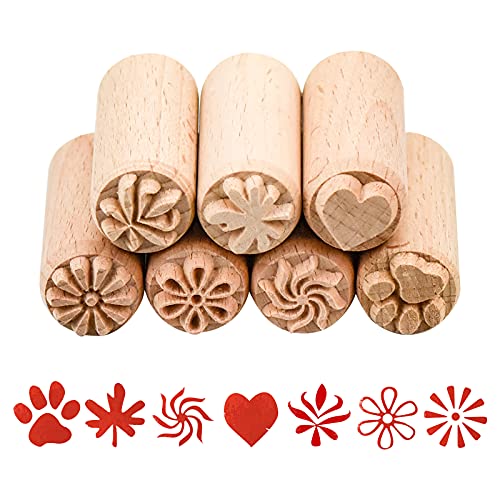 Komoyo 7pcs Outils de Poterie en Bois Timbres Colonne Timbres en Bois Timbres en Bois Naturel avec des Motifs Mixtes pour Argile Cadeau d'anniversaire de Noël, 50 x 20 mm Cover