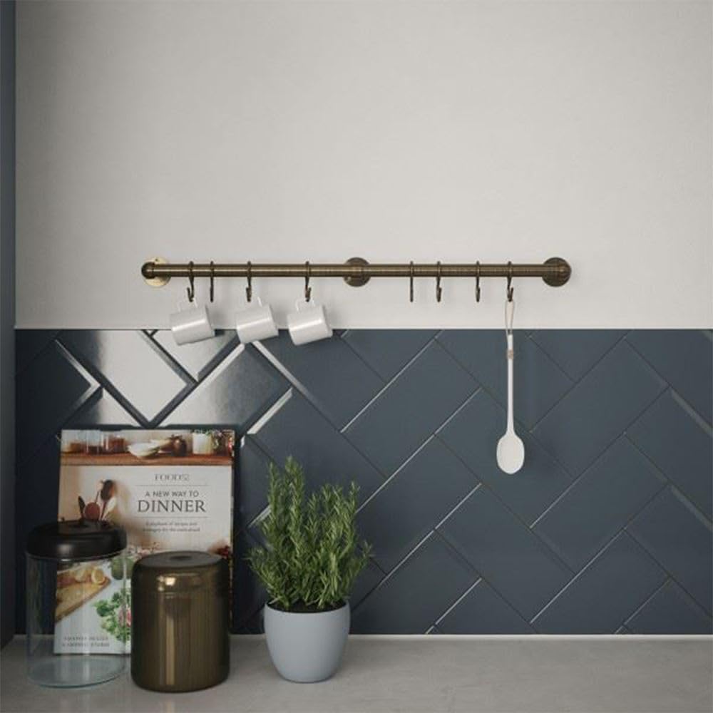Forgeworks Antique Copper Easy-Fit Kitchen Utensil Rail Kit 60Cm With 8 Sliding S Hooks In - Wall Mount Hanging Storage For Cooking Utensils