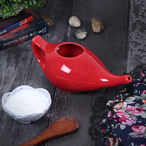 Image of Leak Proof Durable Porcelain Ceramic Neti Pot Hold 230 Ml Water Comfortable Grip | Microwave and Dishwasher Safe eco Friendly Natural Treatment for Sinus and Congestion (Crackle Red)