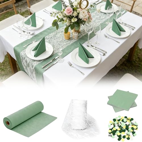 Set de Décoration de Table Vert Eucalyptus,Chemin de Table Intissé,Kit de Décoration de Table,avec Rubans Décoratifs et Serviettes de Table,pour...