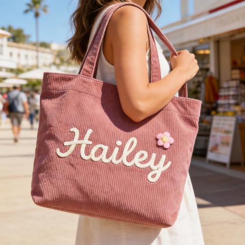 Bolso Tote personalizado de pana para mujer con flor 3D miniatura 2